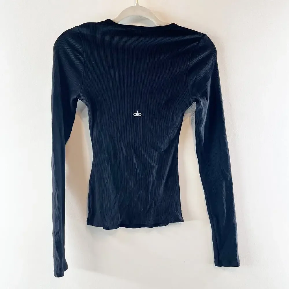 Alo Ribbed Modal Long Sleeve Top Shirt Black Small